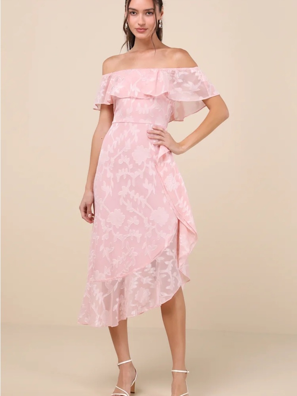 NWT Sz M Lulus Pretty Perfect Blush Burnout Floral Off-the-Shoulder Midi Dress